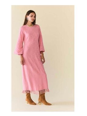 Pink Long Sleeve Fringe Hem Maxi Dress
